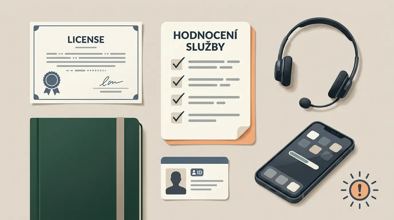 Neutrální ilustrace checklistu důvěryhodnosti s licencí, podporou a ověřením identity